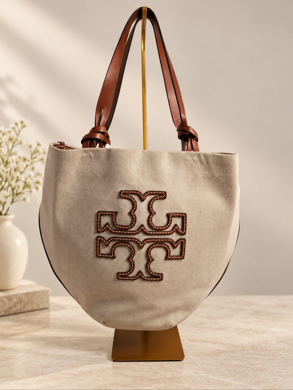 Tory Burch Kellyn Beige Canvas Tote Bag w/ Brown Leather